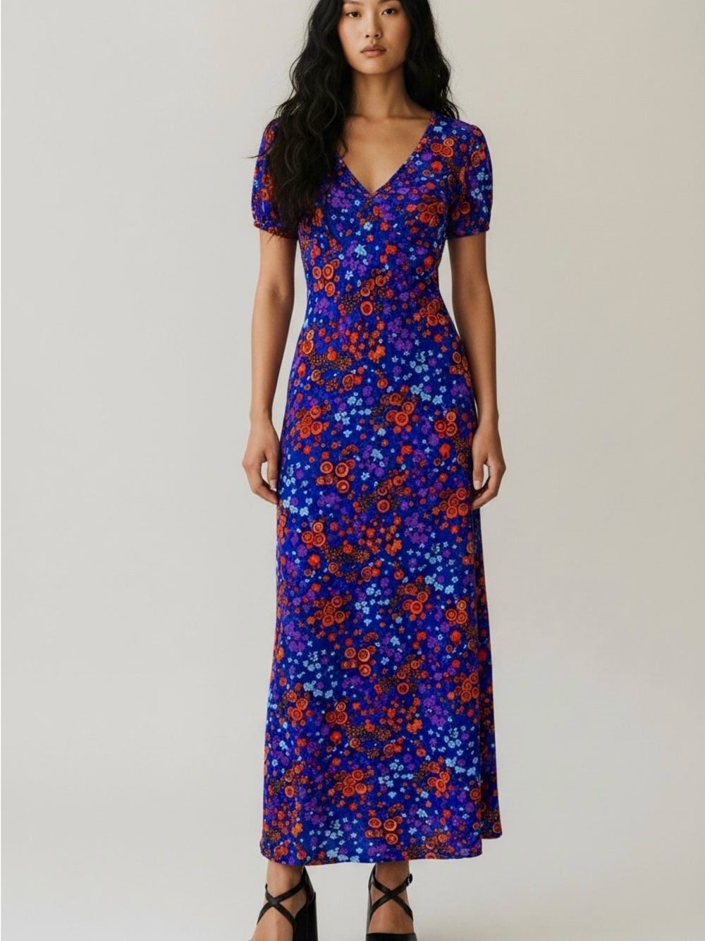 60s 70s Kayser Psychedelic Floral V Neck Maxi Dress | XS S